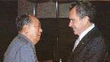 Chinese communist leader Chairman Mao Zedong (L) welcomes US President Richard Nixon, at his house in Beijing. President Nixon urged China to join the United States in a "long march together" on different roads to world peace