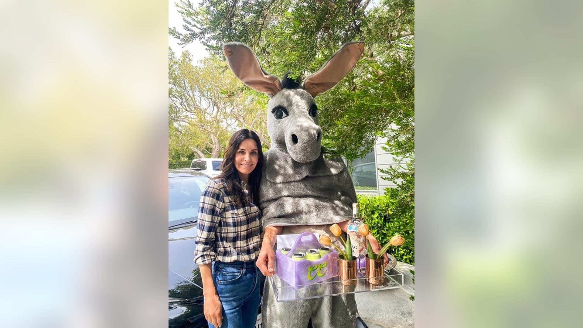 Kate Hudson sent a mule to gift her celebrity friends including Courteney Cox, pictured, her King St. Vodka and CANN Social Tonics, with a custom Moscow Mule Edie Parker tray kit to celebrate the beginning of summer over the holiday weekend.