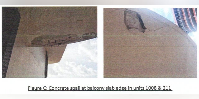 Photos from the Morabito Consultants, Inc. report showing damage to the concrete of the Champlain Towers South condo complex in Surfside, Florida.