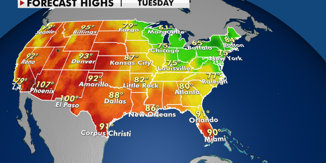 Forecast high temperatures for Tuesday. (Fox News)