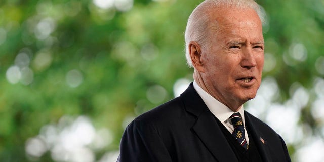 President Joe Biden speaks at a Memorial Day event at Veterans Memorial Park at the Delaware Memorial Bridge in New Castle, Del., Sunday, May 30, 2021. (AP Photo/Patrick Semansky)