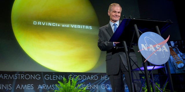 In this photo provided by NASA, Administrator Bill Nelson speaks during his first major address to employees, at the agency's headquarters in the Mary W. Jackson Building in Washington on Wednesday, June 2, 2021. He spoke about the plans for future Earth-focused missions to address climate change and a robotic and human return to the Moon through the Artemis program, as well as announcing two new planetary science missions to Venus – VERITAS and DAVINCI+. (NASA/Bill Ingalls)