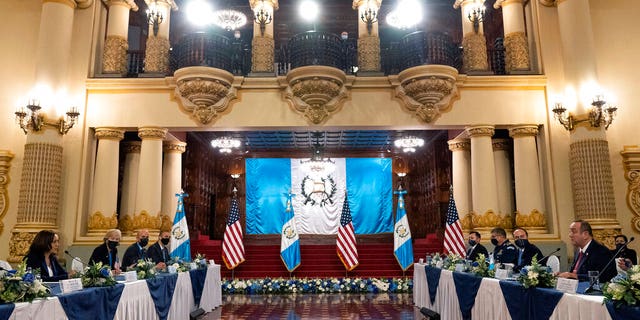 June 7, 2021: Vice President Kamala Harris, left, meets with Guatemalan President Alejandro Giammattei, at the National Palace in Guatemala City. (AP Photo/Jacquelyn Martin)