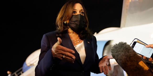 Vice President Kamala Harris speaks to the press gathered under the wing of Air Force Two as she prepares to depart for Mexico from Guatemala City Air Force Central Command on Monday, June 7. 2021. (AP Photo / Jacquelyn Martin)