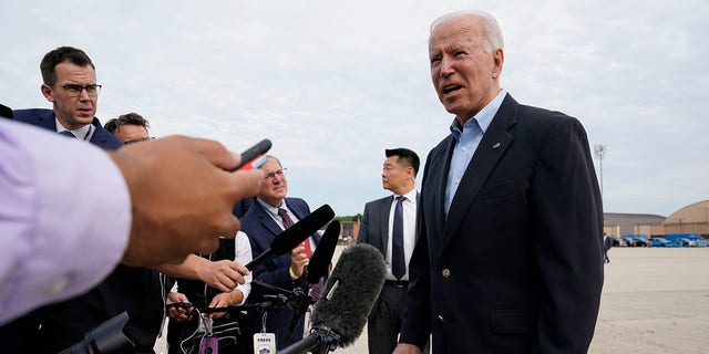 President Joe Biden speaks with reporters before boarding Air Force One, Wednesday, June 9, 2021, at Andrews Air Force Base, Md. (AP Photo/Patrick Semansky)