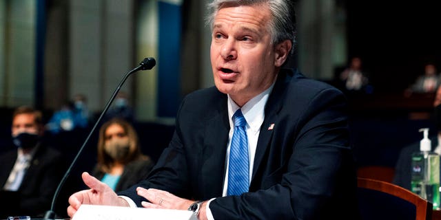 FBI Director Wray photographed testifying during House hearing