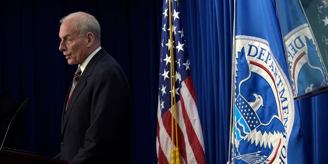 Then-Homeland Security Secretary John Kelly announces the opening of the new Victims of Immigration Crime Engagement (VOICE) office during a news conference at Immigration and Customs Enforcement (ICE) in Washington, April 20, 2017. (Associated Press)