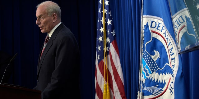 Then-Homeland Security Secretary John Kelly announces the opening of the new Victims of Immigration Crime Engagement (VOICE) office during a news conference at Immigration and Customs Enforcement (ICE) in Washington, April 20, 2017. (Associated Press)