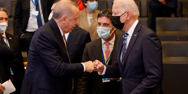 U.S. President Joe Biden, right, is greeted by Turkey's President Recep Tayyip Erdogan, center, during a plenary session at a NATO summit in Brussels, Monday, June 14, 2021. (AP Photo/Olivier Matthys, Pool)