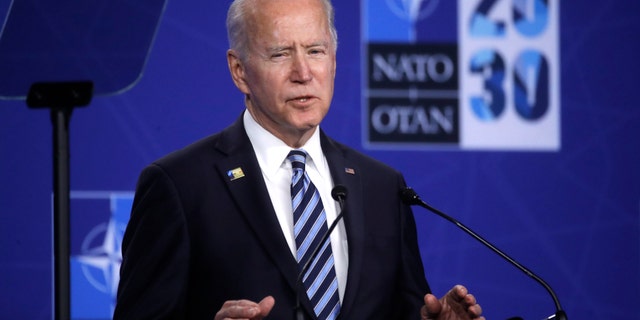 U.S. President Joe Biden speaks during a media conference during a NATO summit in Brussels, Monday, June 14, 2021. U.S. President Joe Biden is taking part in his first NATO summit, where the 30-nation alliance hopes to reaffirm its unity and discuss increasingly tense relations with China and Russia, as the organization pulls its troops out after 18 years in Afghanistan. (Olivier Hoslet, Pool via AP)