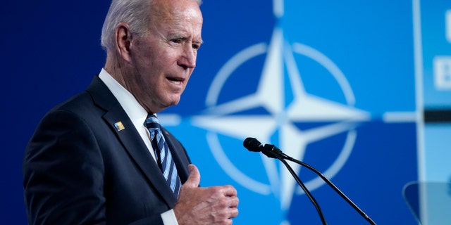 President Joe Biden speaks during a news conference at the NATO summit at NATO headquarters in Brussels, Monday, June 14, 2021. (AP Photo/Patrick Semansky)