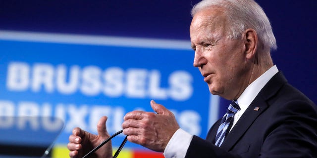 President Joe Biden speaks during a media conference at a NATO summit in Brussels, Monday, June 14, 2021. (Olivier Hoslet, Pool via AP)