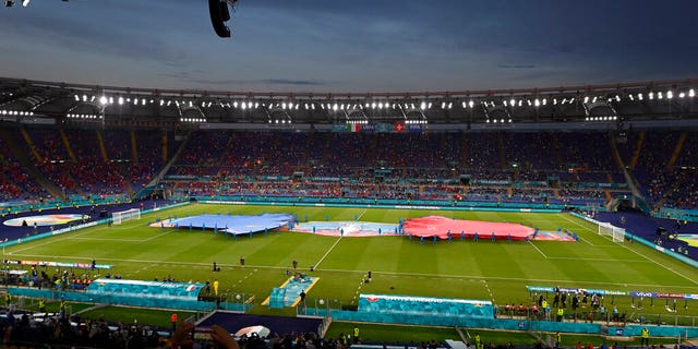 A view of the stadium prior of the Euro 2020 soccer championship group A match between Italy and Switzerland at the Rome Olympic stadium, Wednesday, June 16, 2021. (AP Photo/Riccardo Antimiani, Pool)