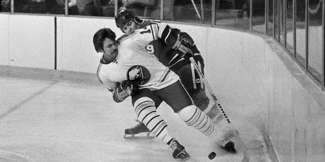 Buffalo Sabres' Rene Robert (14), front, beats Vancouver Canucks' Don Lever (9) to the puck during the first period of an NHL hockey game in Buffalo, N.Y on Dec. 12, 1977. (Associated Press)