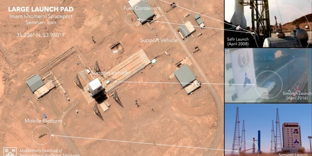 This satellite image provided by Maxar Technologies that has been annotated by experts at the James Martin Center for Nonproliferation Studies at Middlebury Institute of International Studies shows preparation at the Imam Khomeini Spaceport in Iran's Semnan province on June 6, 2021 before what experts believe was the launch of a satellite-carrying rocket. Iran likely conducted a failed launch of a satellite-carrying rocket in recent days and now appears to be preparing to try again, their latest effort to advance their space program amid tensions with the West over its tattered nuclear deal. (©2021 Maxar Technologies, James Martin Center for Nonproliferation Studies at Middlebury Institute of International Studies via AP)