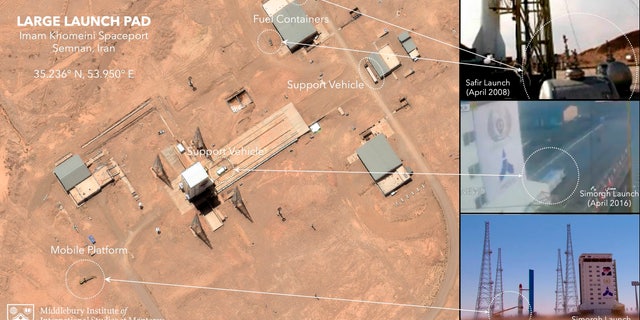 This satellite image provided by Maxar Technologies that has been annotated by experts at the James Martin Center for Nonproliferation Studies at Middlebury Institute of International Studies shows preparation at the Imam Khomeini Spaceport in Iran's Semnan province on June 6, 2021 before what experts believe was the launch of a satellite-carrying rocket. Iran likely conducted a failed launch of a satellite-carrying rocket in recent days and now appears to be preparing to try again, their latest effort to advance their space program amid tensions with the West over its tattered nuclear deal. (©2021 Maxar Technologies, James Martin Center for Nonproliferation Studies at Middlebury Institute of International Studies via AP)