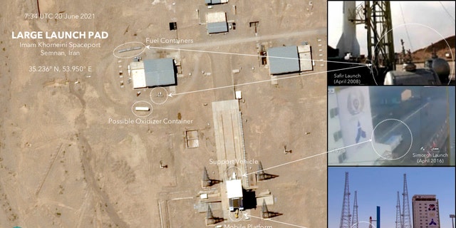 This satellite image provided by Planet Labs Inc. that has been annotated by experts at the James Martin Center for Nonproliferation Studies at Middlebury Institute of International Studies shows preparation at the Imam Khomeini Spaceport in Iran's Semnan province on  June 20, 2021 before what experts believe will be the launch of a satellite-carrying rocket. Iran likely conducted a failed launch of a satellite-carrying rocket in recent days now appears to be preparing to try again, their latest effort to advance their space program amid tensions with the West over its tattered nuclear deal. (Planet Labs Inc., James Martin Center for Nonproliferation Studies at Middlebury Institute of International Studies via AP)