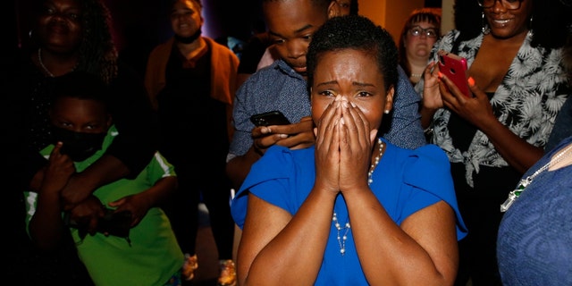 Democratic Buffalo's mayoral candidate India Walton reacts as her supporters tell her with 94% of the vote that she will be the winner against Byron Brown, Tuesday, June 22, 2021 in Buffalo, NY (Robert Kirkham / Buffalo News)