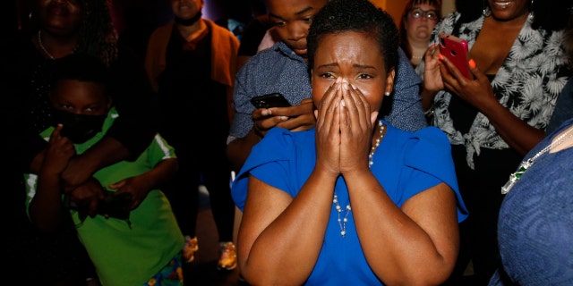 Democratic Buffalo's mayoral candidate India Walton reacts as her supporters tell her with 94% of the vote that she will be the winner against Byron Brown, Tuesday, June 22, 2021 in Buffalo, NY (Robert Kirkham / Buffalo News)