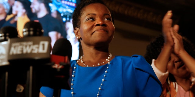 Democratic Buffalo mayoral primary candidate India Walton delivers her victory speech after defeating incumbent Byron Brown, on Tuesday, June 22, 2021, in Buffalo, New York. (Robert Kirkham/Buffalo News)