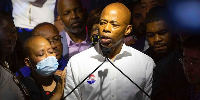 Democratic mayoral candidate Eric Adams address supporters at his primary election night party in New York on June 22, 2021. (AP Photo/Kevin Hagen, File).