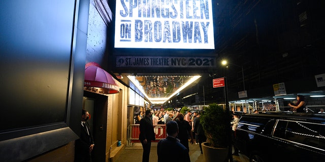 The "Springsteen On Broadway" marquee is seen on reopening night at the St. James Theatre on Saturday, June 26, 2021, in New York City. (Associated Press)