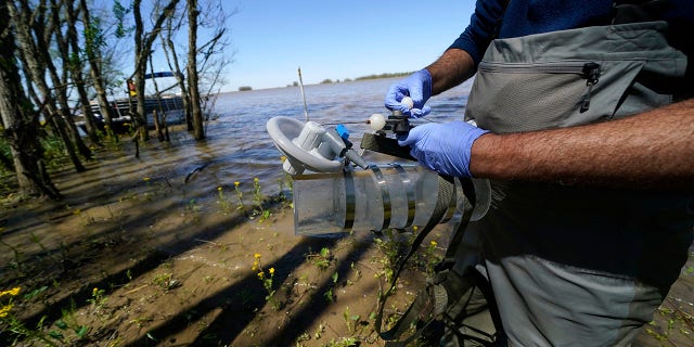 Mike Lamb, co-investigator, of the California Institute of Technology, prepares to take water samples to measure the amount of sediment in the water, in the Wax Lake area of the Atchafalaya River delta system, near Franklin, La., Friday, April 2, 2021. NASA is using high-tech airborne systems along with boats and mud-slogging work on islands for a $15 million study of these two parts of Louisiana's river delta system. (AP Photo/Gerald Herbert)