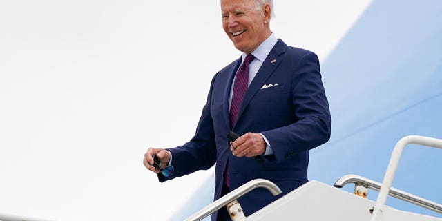 President Joe Biden arrives on Air Force One at La Crosse Regional Airport Tuesday, June 29, 2021, in La Crosse, Wis. (AP Photo/Evan Vucci)