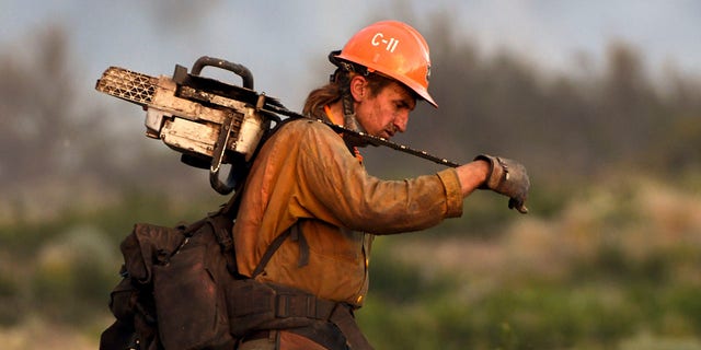 A member of the U.S. Forest Service's Trinity Hotshots firefighting crew carries a chain saw while hiking out of the burn zone Monday, June 28, 2021, at the Lava Fire north of Weed, Calif. (Scott Stoddard/Grants Pass Daily Courier via AP)