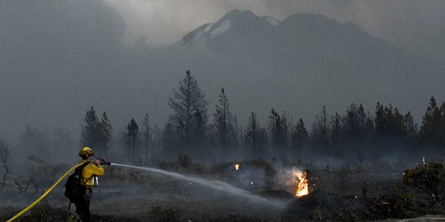 With Mount Shasta in the background, a firefighter cools down hot spots on Monday, June 28, 2021, after the Lava Fire swept through the area north of Weed, Calif. (Scott Stoddard/Grants Pass Daily Courier via AP)