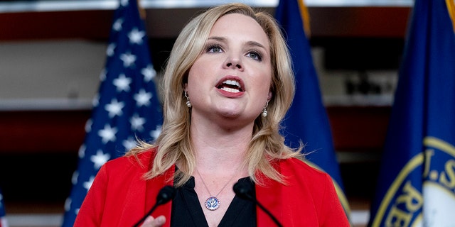 Rep. Ashley Hinson, R-Iowa, speaks during a press conference on Capitol Hill in Washington, Tuesday, June 15, 2021. 