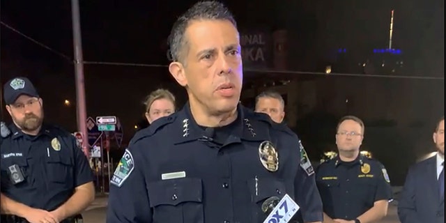 This photo provided by Austin Police Department shows Chief Chacon providing an update on overnight shootings in Austin, Texas, early Saturday, June 12, 2021. 