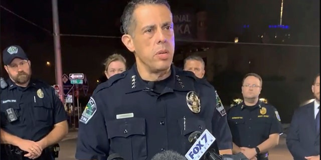 This photo provided by Austin Police Department shows Chief Chacon providing an update on overnight shootings in Austin, Texas, early Saturday, June 12, 2021. 