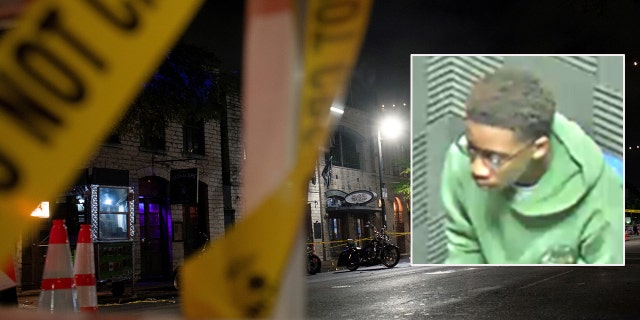 Police investigate the scene of a mass shooting in the Sixth Street entertainment district area of Austin, Texas, on June 12, 2021. The suspect, De’ondre "Dre" White, 19, (inset) was located in Killeen, Texas. (Reuters)