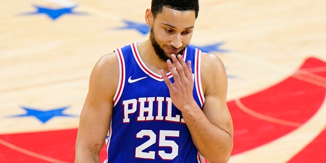 Philadelphia 76ers Ben Simmons wipes his face after missing a pair of free throws during the first half of Game 5 in a second round NBA basketball playoff series against the Atlanta Hawks on Wednesday the 16th June 2021, in Philadelphia.