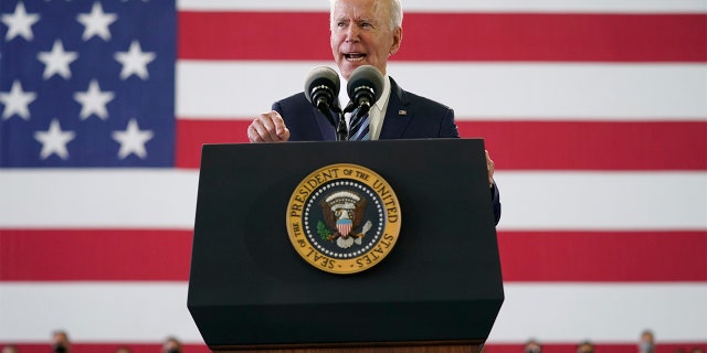 President Joe Biden speaks to American service members at RAF Mildenhall in Suffolk, England, Wednesday, June 9, 2021. (AP Photo/Patrick Semansky)