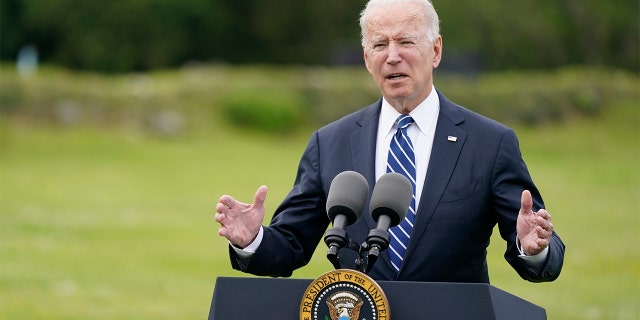 President Biden speaks about his administration's global COVID-19 vaccination efforts ahead of the G-7 summit, Thursday, June 10, 2021, in St. Ives, England. 