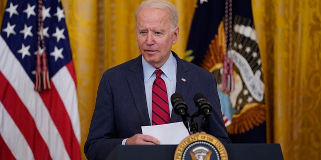 President Joe Biden arrives to speak about infrastructure negotiations, in the East Room of the White House, Thursday, June 24, 2021, in Washington. (AP Photo/Evan Vucci)