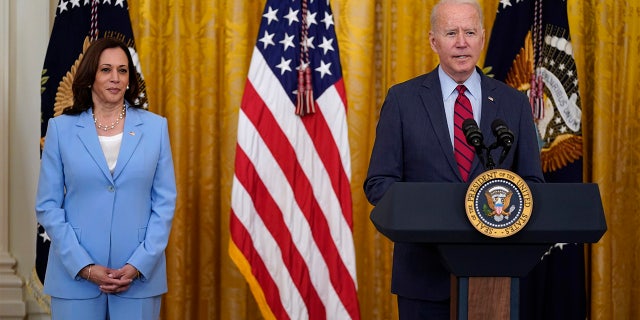 President Joe Biden speaks about infrastructure negotiations, in the East Room of the White House, Thursday, June 24, 2021, in Washington. Vice President Kamala Harris stands at left. (Associated Press)