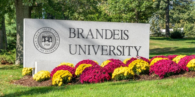 Brandeis University entrance sign and campus logo.