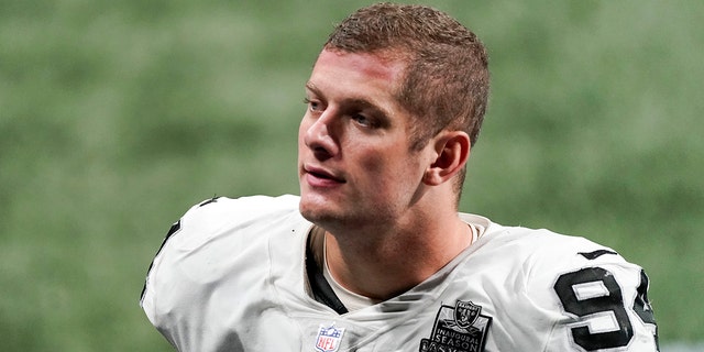 Las Vegas Raiders defensive end Carl Nassib leaves the field after a game against the Atlanta Falcons in Atlanta. Nassib became the first active NFL player to come out as gay.