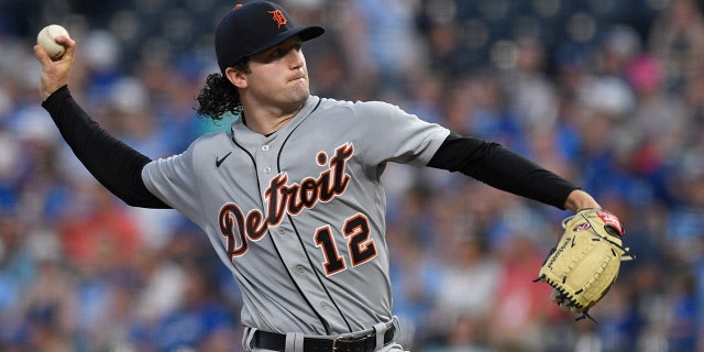 Detroit Tigers starting pitcher Casey Mize throws to a Kansas City Royals batter during the fifth inning of a baseball game in Kansas City, Mo., Tuesday, June 15, 2021. (AP Photo/Reed Hoffmann)