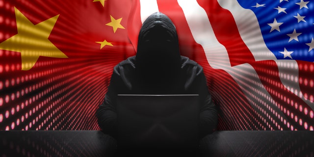 Anonymous hacker in front of his computer with red light wall backgroundAnonymous hacker in a black hoody with laptop in front of a code background with binary streams cyber security concept.