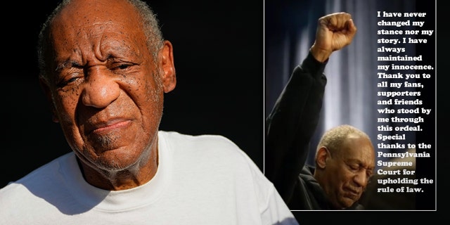 Bill Cosby reacts outside his home in Elkins Park, Pa., Wednesday after being released from prison. Pennsylvania's highest court has overturned comedian Bill Cosby's sex assault conviction. (AP Photo/Matt Slocum)