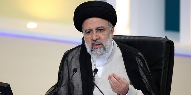 Ebrahim Raisi speaks in the second presidential debate at a state-run TV studio in Tehran, Iran, June 8, 2021.