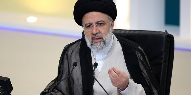 Ebrahim Raisi speaks in the second presidential debate at a state-run TV studio in Tehran, Iran, June 8, 2021.