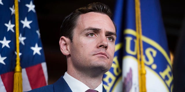 Rep. Mike Gallagher, R-Wis., conducts a news conference after a meeting off the House Republican Conference in the Capitol Visitor Center on Tuesday, June 4, 2019. Gallagher led a group of House Republicans Friday in pushing for more transparency on the CDC's goals and data behind its new masking guidance. (Photo By Tom Williams/CQ Roll Call)