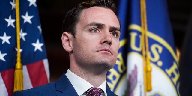 Rep. Mike Gallagher, R-Wis., conducts a news conference after a meeting off the House Republican Conference in the Capitol Visitor Center on Tuesday, June 4, 2019. Gallagher led a group of House Republicans Friday in pushing for more transparency on the CDC's goals and data behind its new masking guidance. (Photo By Tom Williams/CQ Roll Call)