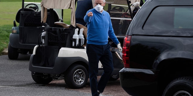 Counselor to the President Steve Ricchetti gestures after playing a round of golf with President Biden at Wilmington Country Club in Wilmington, Delaware, on April 17, 2021.