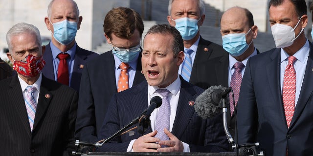 Rep. Josh Gottheimer, D-N.J., holds a news conference with fellow members of Congress to highlight the need for bipartisan, bicameral COVID-19 relief legislation outside the U.S. Capitol on Dec. 3, 2020, in Washington, D.C. Gottheimer is the leader of a group of nine moderate Democrats who say they'll vote against Democrats' budget resolution until the House passes the bipartisan infrastructure bill. (Photo by Chip Somodevilla/Getty Images)